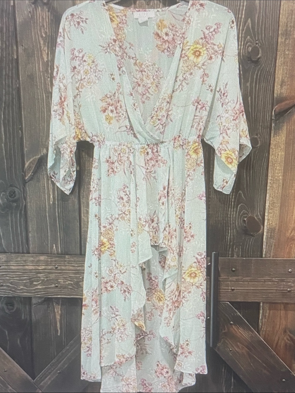 Light Mint Floral Wrap Midi Dress with Ruffled Hem